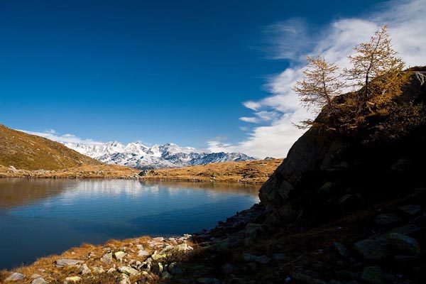 Colori autunnali al lago d'Arcoglio, sullo sfondo il gruppo del Bernina (foto R.Ganassa)